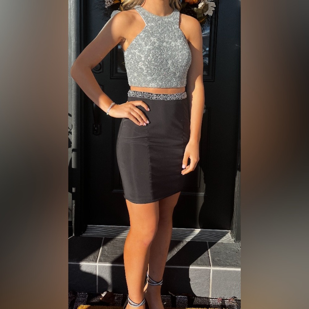 Sparkly Silver Crop Top and Black Skirt Set